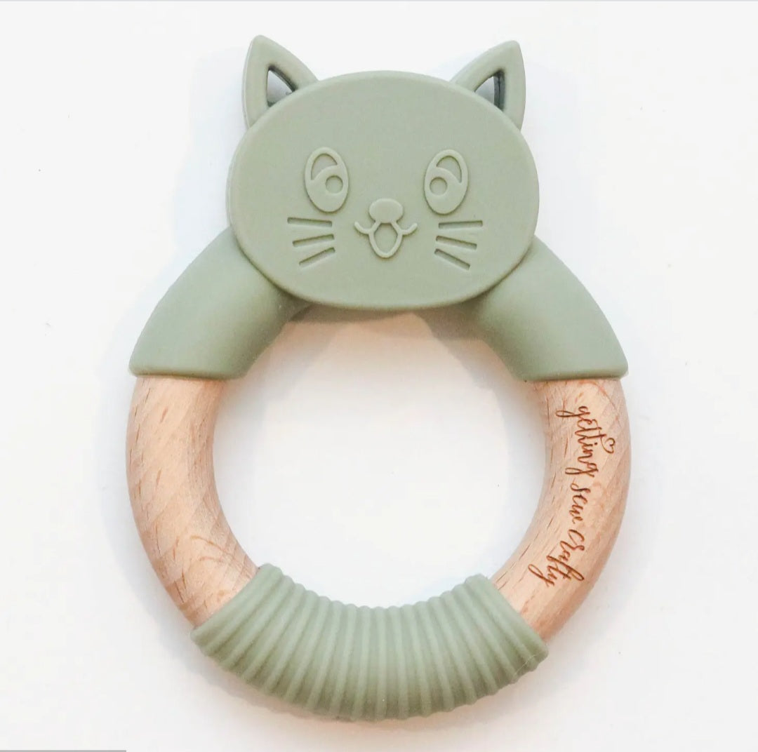 Cat Silicone + Wood Ring Teether