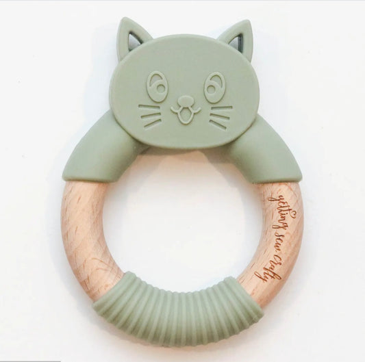 Cat Silicone + Wood Ring Teether