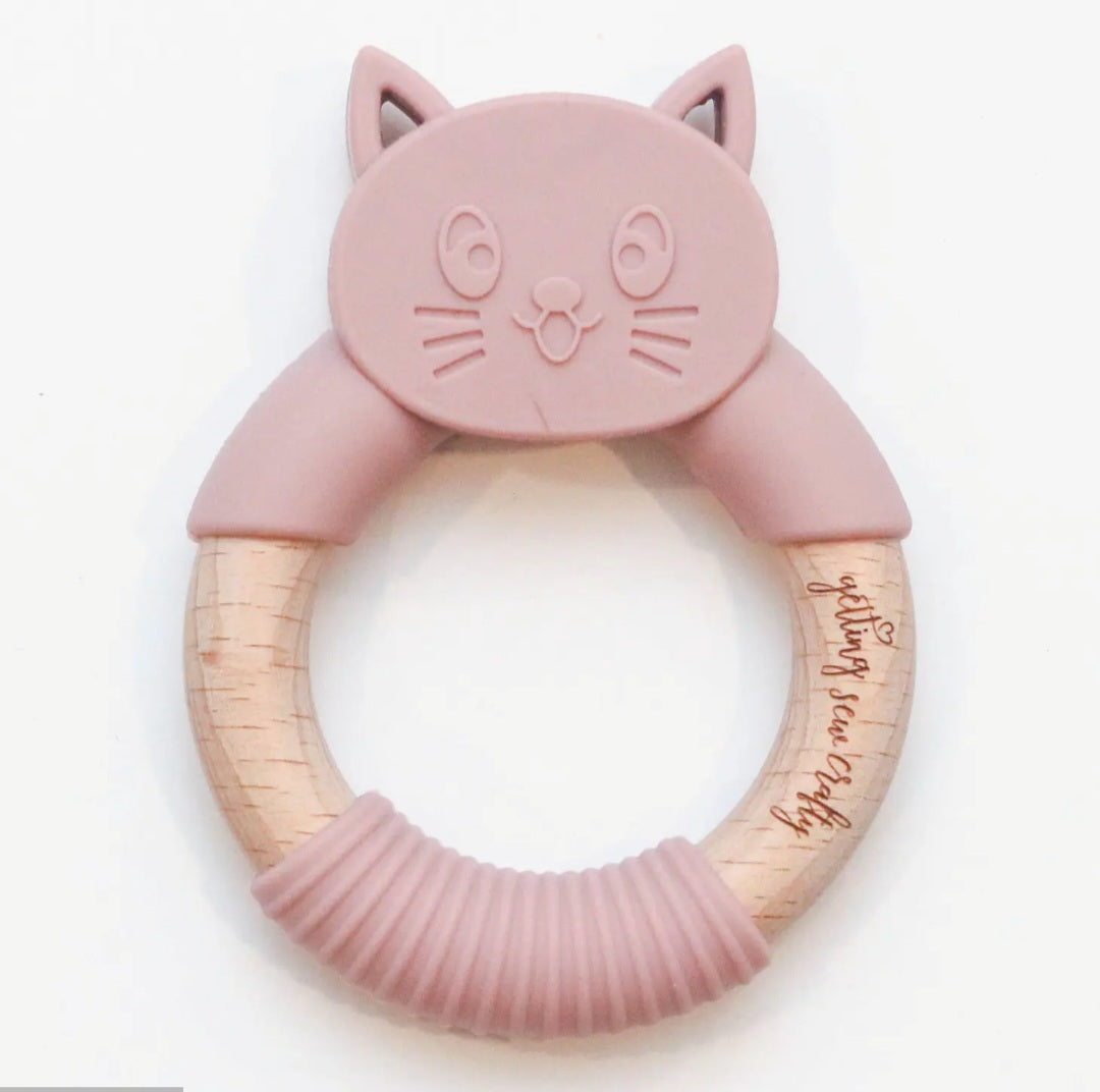 Cat Silicone + Wood Ring Teether