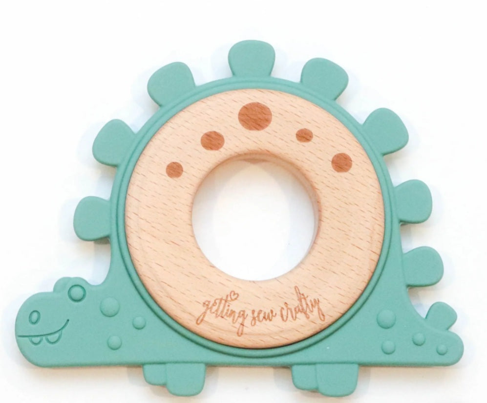 Dino Silicone + Wood Ring Teether