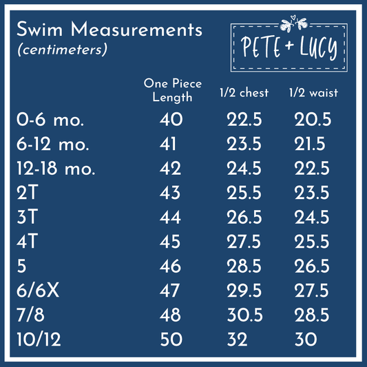 P&L- Girl's Swimwear Size Chart