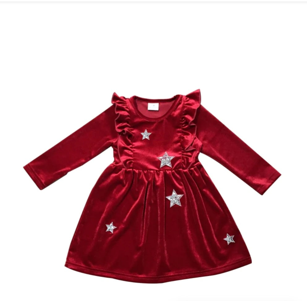 Maroon Velvet Star Ruffle Dress